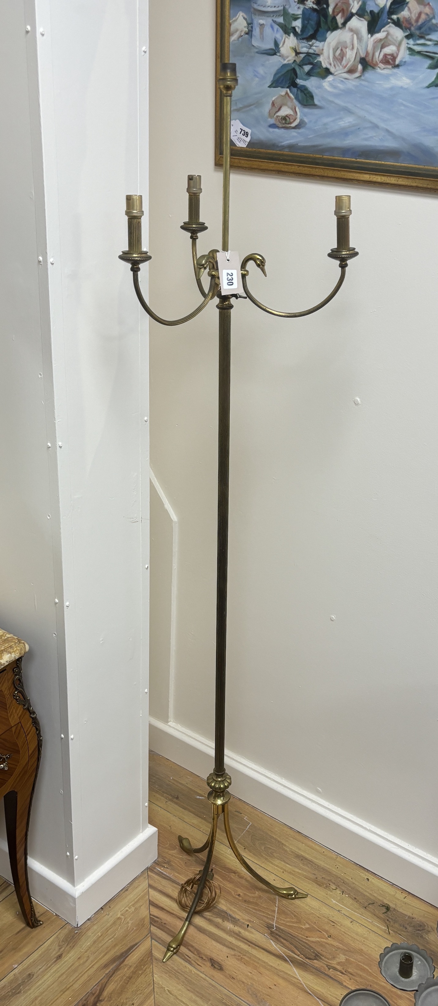 A mid century Maison Jansen style brass swan neck standard lamp, height 167cm